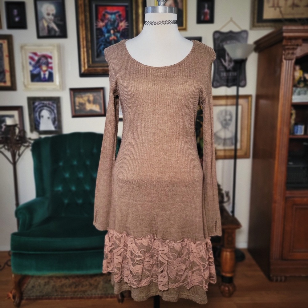 Pretty Angel‎ Sweater Dress Brown Ribbed Knit Lace Trim Long Sleeve Womens Large